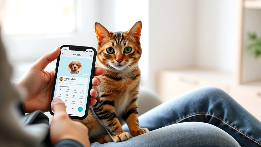 online pet diagnostics -
Photorealistic image of a pet owner holding a smartphone showing a pet health a
