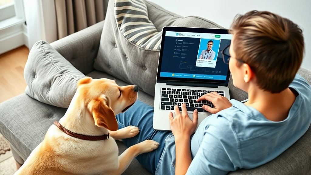 online vet advice for food reactions -
A pet owner sitting on a couch with a laptop open showing a veterinary teleheal