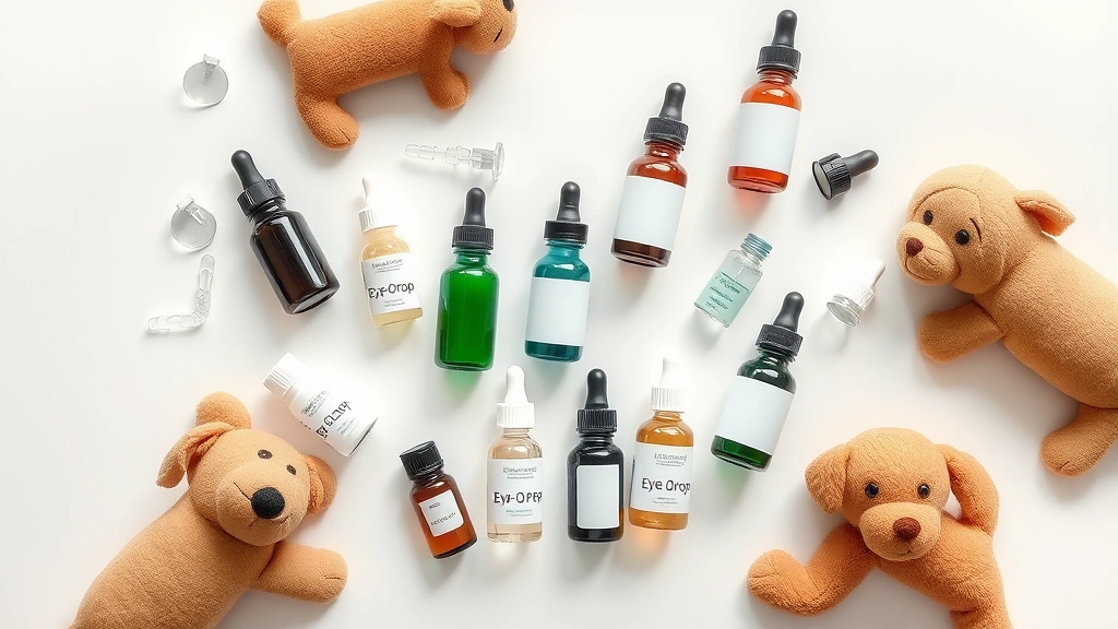 ophthalmic drops for dogs -
Photorealistic overhead view of various eye drop bottles and containers arrange