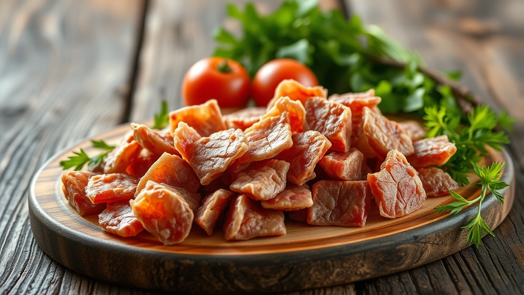 organic pet treats -
and freeze-dried meat pieces arranged on a rustic wooden surface with fresh veg