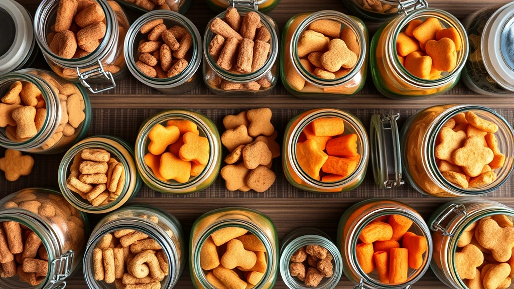 organic treat recipes for pets -
Photorealistic overhead shot of organized mason jars and containers filled with