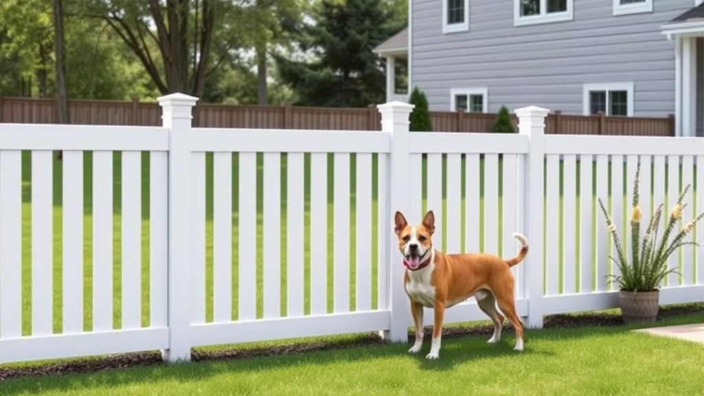 outdoor dog fence -
Photorealistic image of a modern vinyl fence in white color surrounding a resid