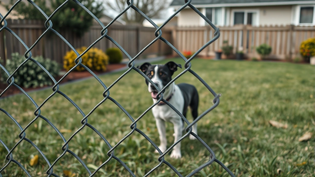 outdoor dog fence -
Photorealistic image of a chain-link fence in a residential yard with a black a