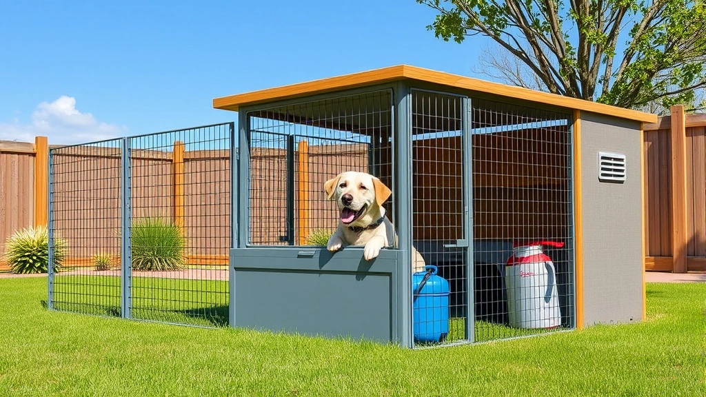 outdoor dog kennels -
Photorealistic outdoor dog kennel setup with integrated shelter box and water s