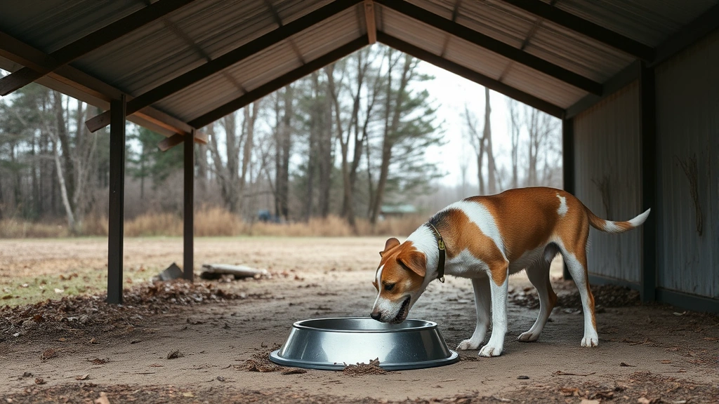 outdoor feeding schedules -
with a protective roof structure and a dog approaching the feed bowl