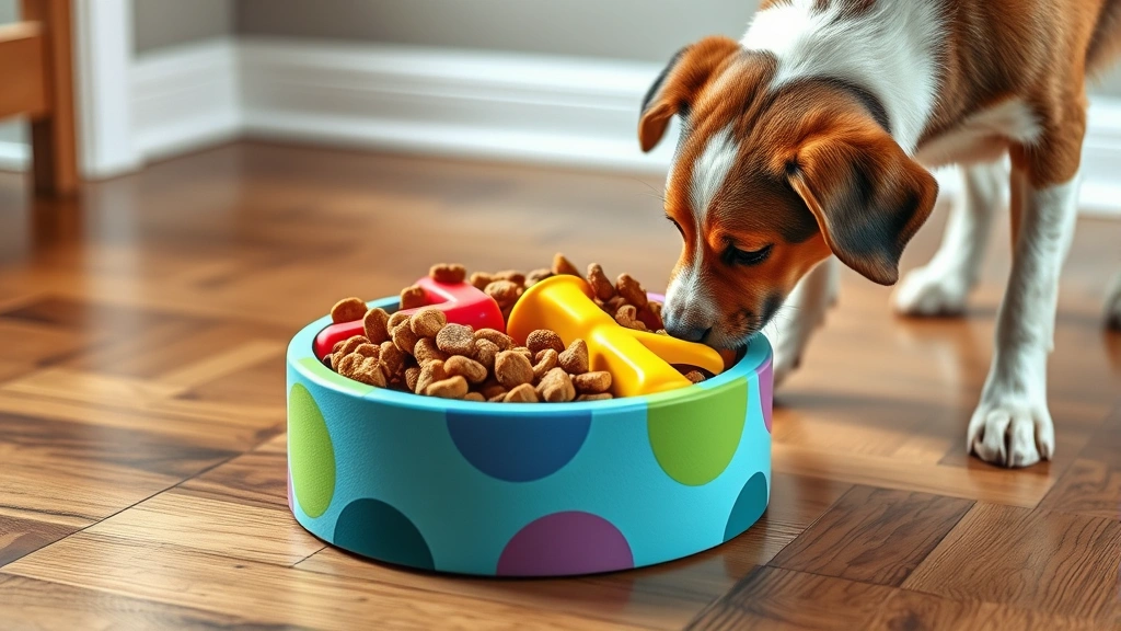 overnight feeding options -
Photorealistic image of a colorful puzzle feeder toy filled with kibble and tre