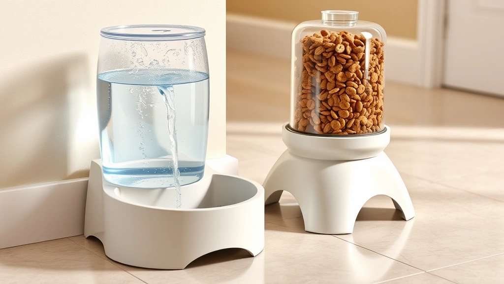 overnight feeding options -
Photorealistic image of a pet water fountain with flowing water next to a gravi