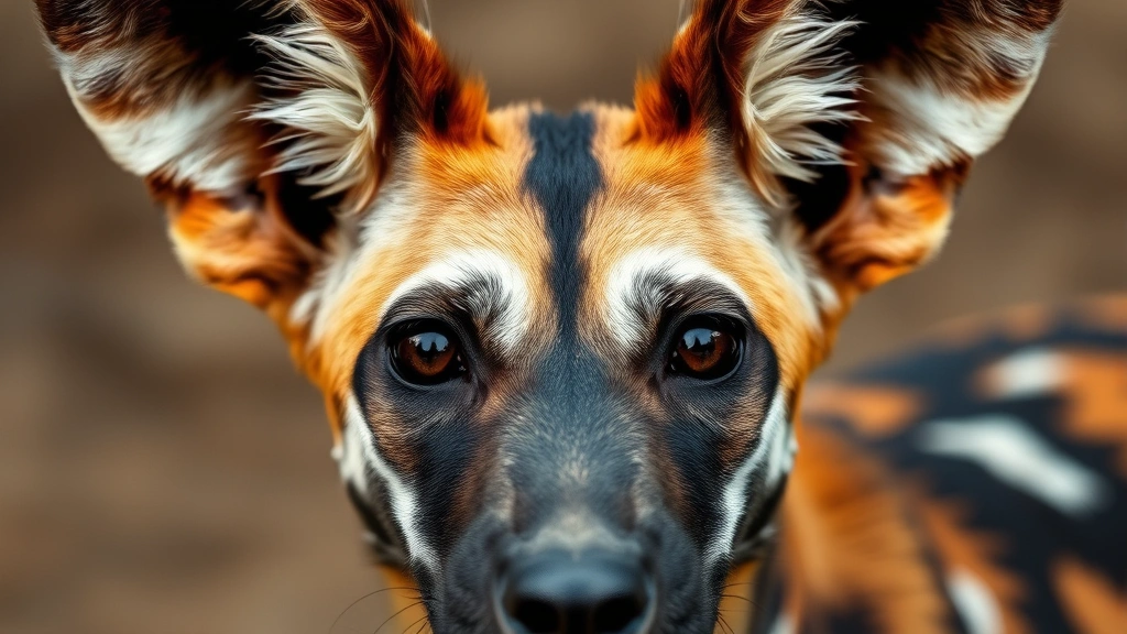 painted wild dog -
Close-up portrait of a painted wild dog’s face showing its large rounded 