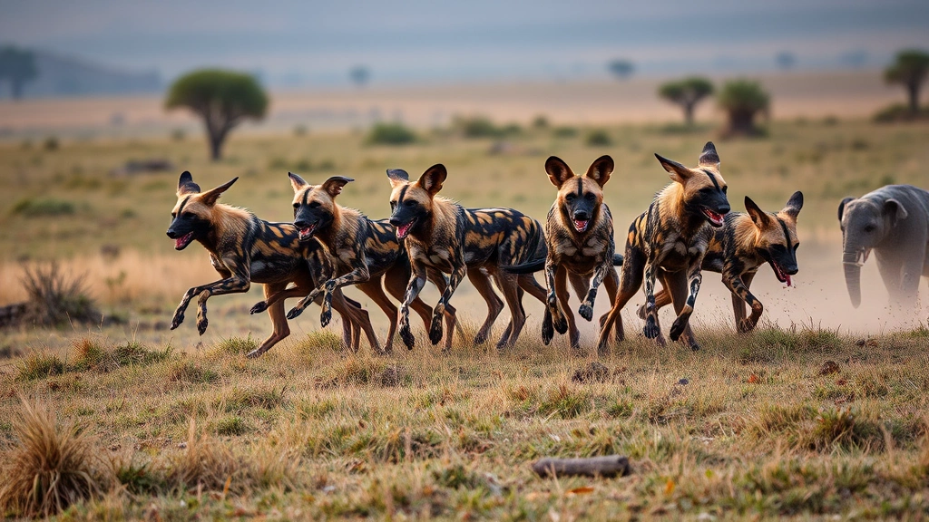 painted wild dog -
African wild dogs hunting in coordinated pack formation across grassland terrai