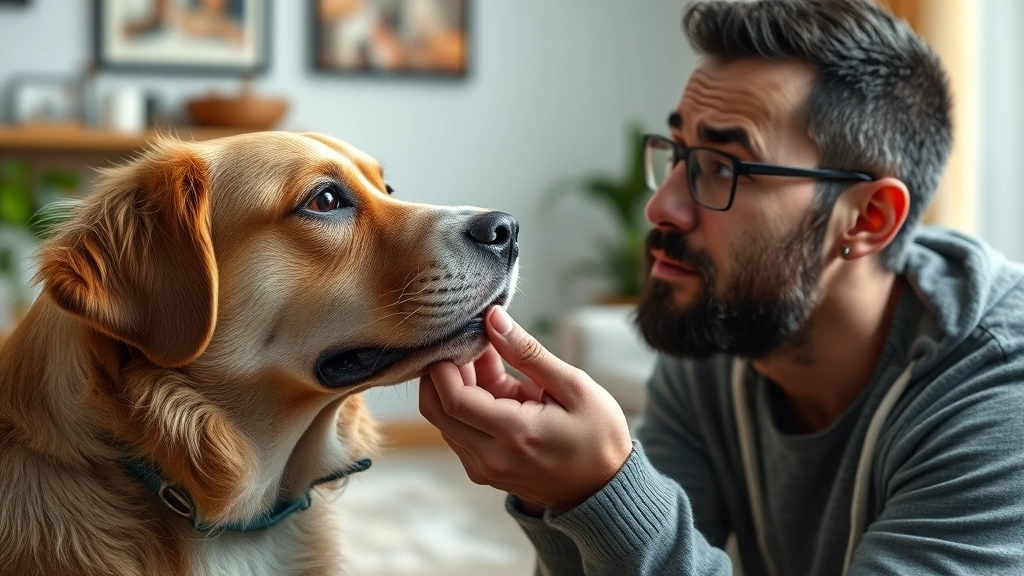 pale gums in dogs -
Photorealistic image of a worried dog owner gently lifting their dog’s li