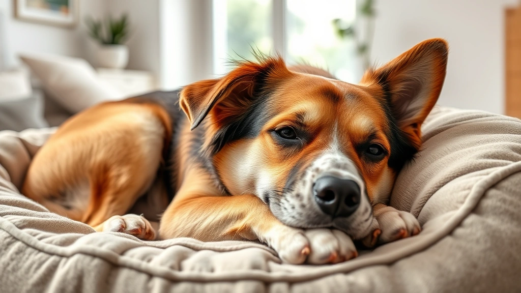 pancreatitis feeding schedule -
Photorealistic image of a healthy, happy medium-sized dog resting on a comforta