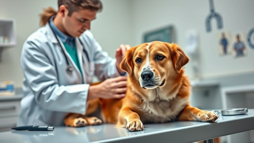paraphimosis in dogs -
Photorealistic image of a veterinarian in white coat examining a relaxed dog on