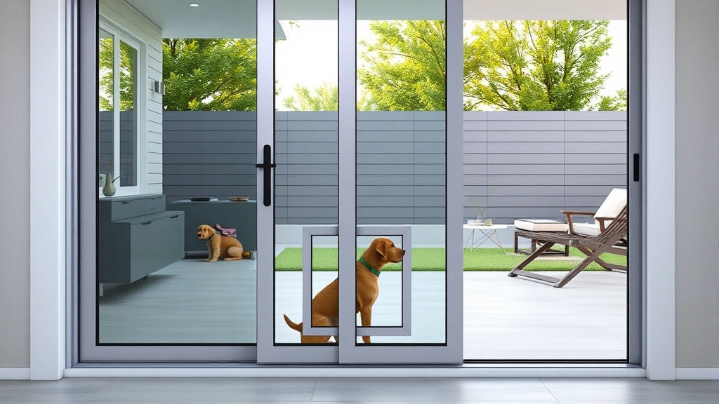 patio door with dog door -
Photorealistic side view of a modular panel dog door system integrated into a s