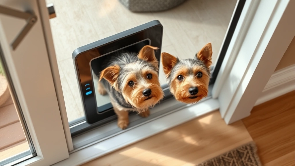 patio door with dog door -
Photorealistic overhead view of a small terrier using an electronic smart dog d