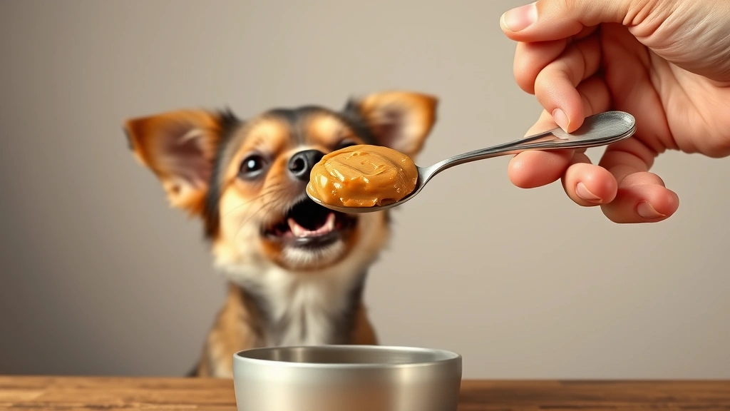 peanut butter for dogs -
A small dog looking excited while a hand holds a spoon with peanut butter above