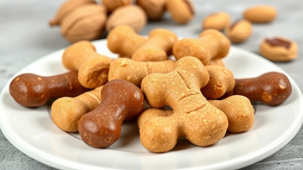 peanut butter treats for dogs -
A variety of different peanut butter dog treats arranged on a white ceramic pla