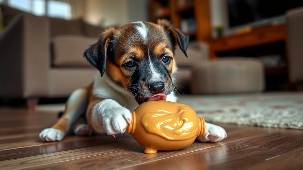 peanut butter treats for dogs -
A small puppy playing with a Kong toy filled with peanut butter, mid-lick with