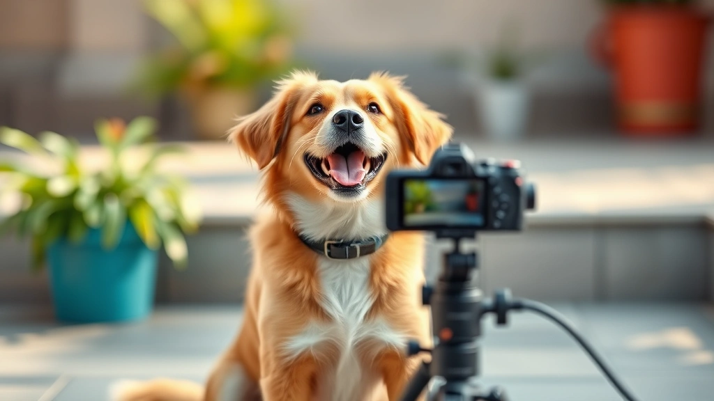 peanut the dog -
Photorealistic image of a happy dog sitting in front of a smartphone or camera 