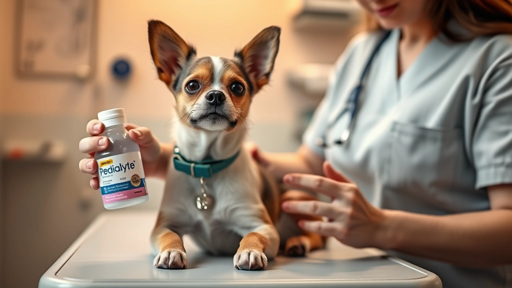 pedialyte for dogs -
Photorealistic image of a dog owner holding a Pedialyte bottle next to their sm