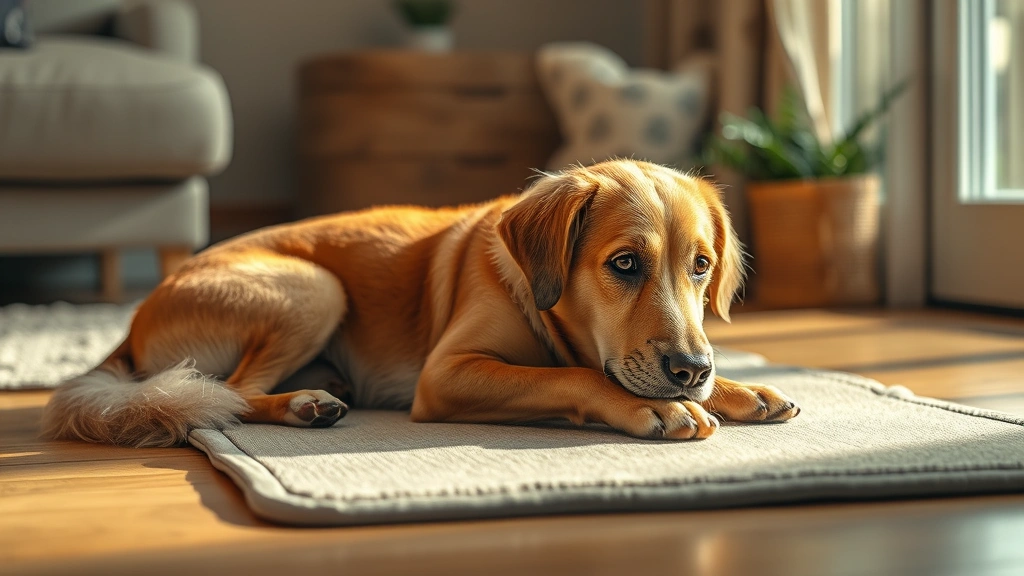 pee pads for dogs -
Photorealistic image of a senior dog resting near a pee pad in a cozy home sett