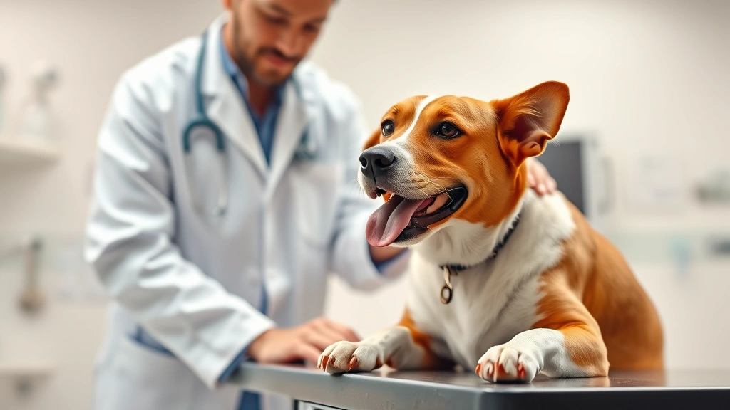 pepcid for dogs -
Photorealistic image of a veterinarian in a white coat examining a friendly bro