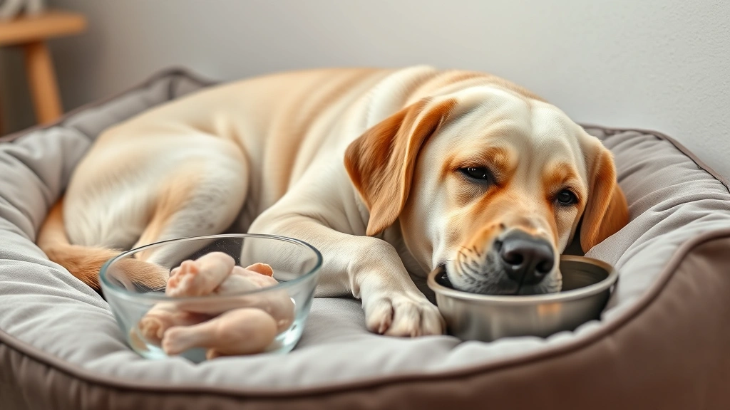 pepto for dogs -
Photorealistic image of a sick-looking Labrador resting on a comfortable dog be