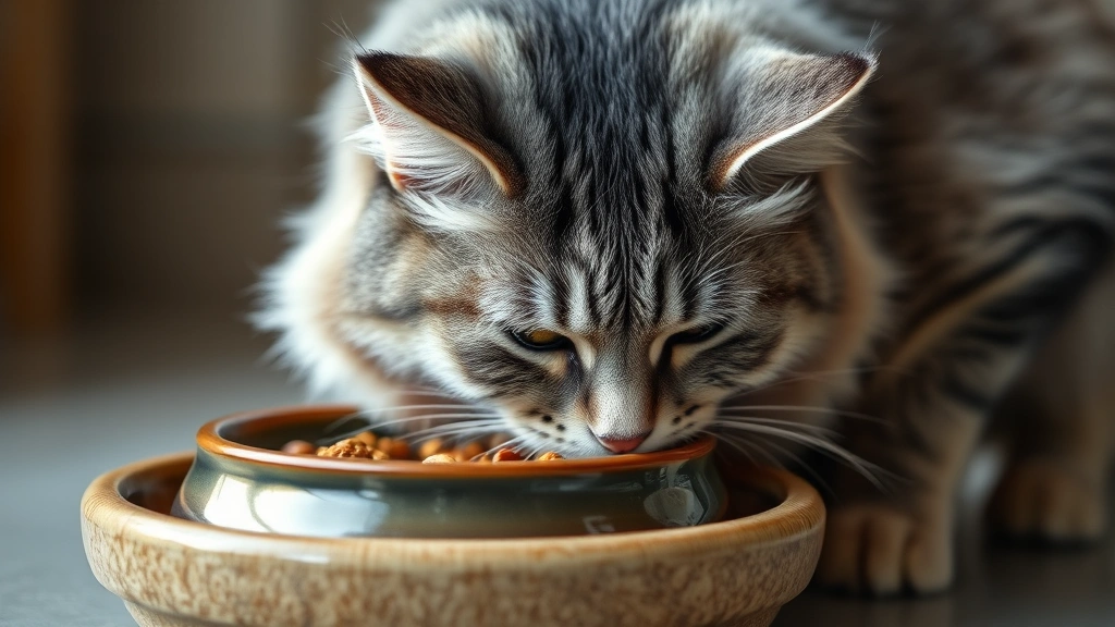 permanent feeding routine adjustments -
Photorealistic image of a senior cat with gray fur eating from an elevated cera