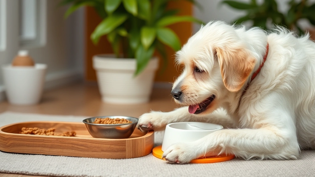 permanent feeding routine adjustments -
demonstrating geriatric pet feeding setup with comfortable eating posture