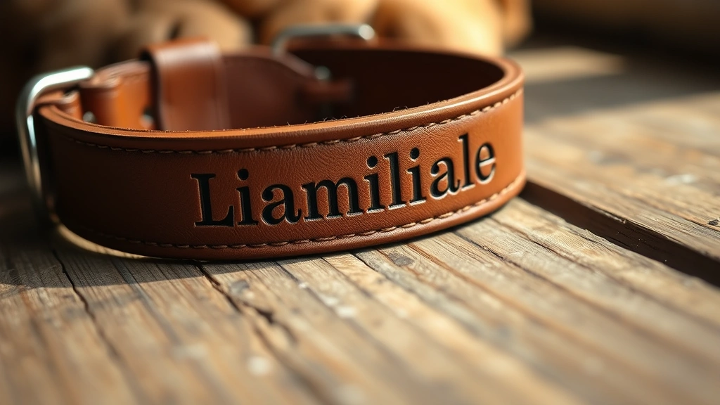 personalized dog collars -
Photorealistic close-up of a brown leather personalized dog collar with embosse