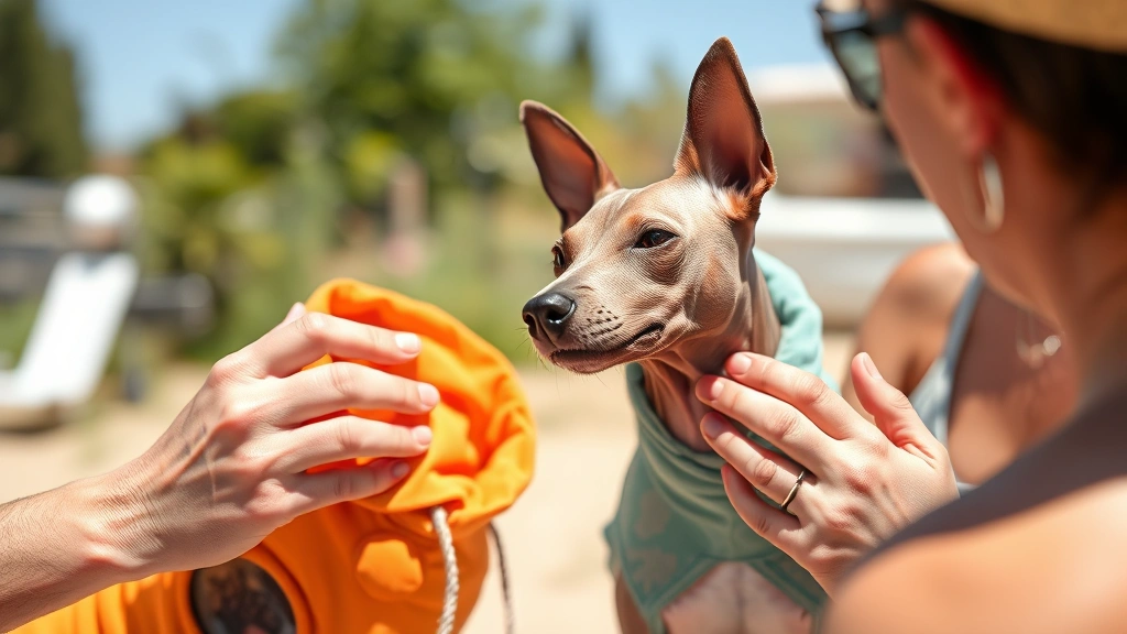peruvian hairless dog -
Photorealistic outdoor scene of a Peruvian hairless dog wearing UV-protective c