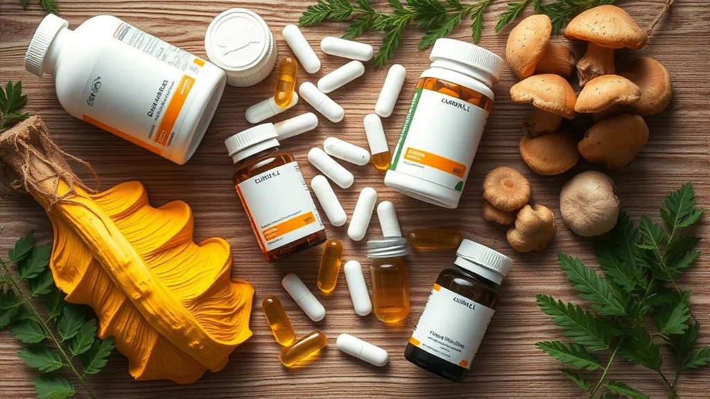 pet cancer support supplements -
Photorealistic overhead flat lay composition of various supplement bottles and