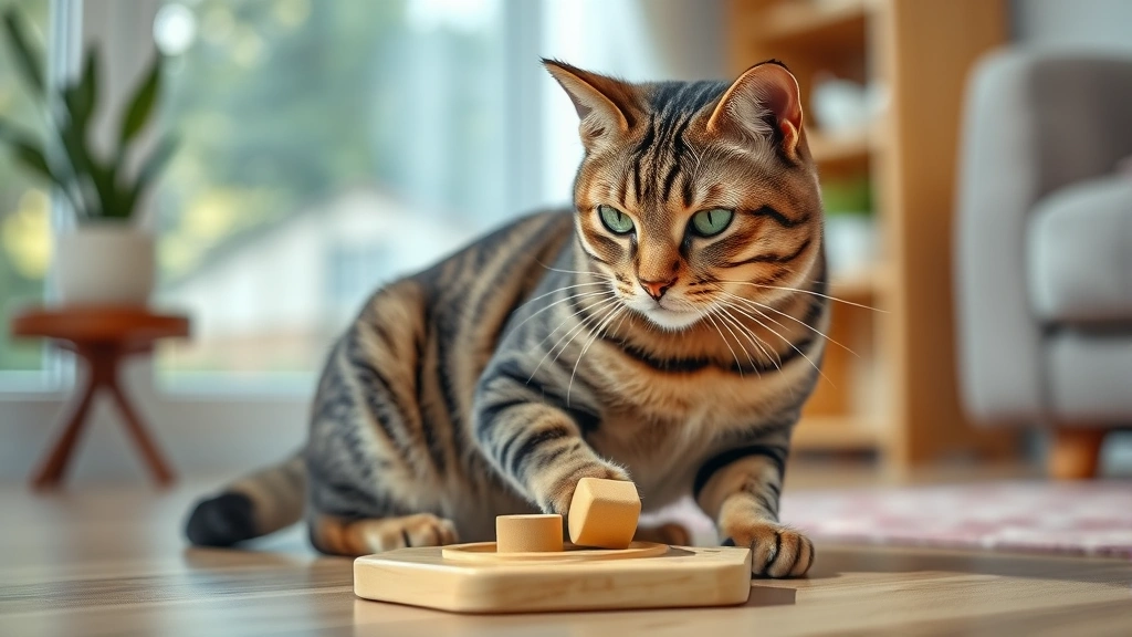 pet cognitive supplements -
Photorealistic image of a healthy senior tabby cat playing with an interactive 