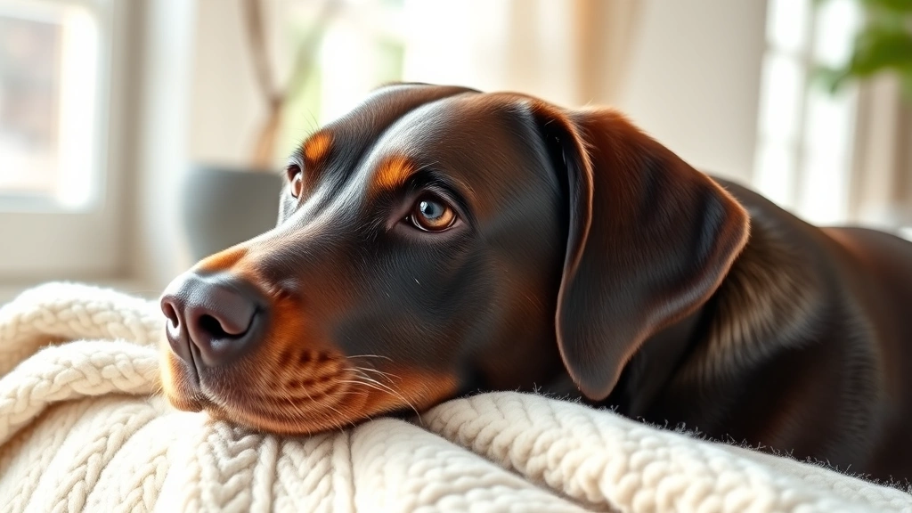pet dermatology telehealth -
A happy labrador with glossy, healthy coat lying on a soft blanket indoors, bri