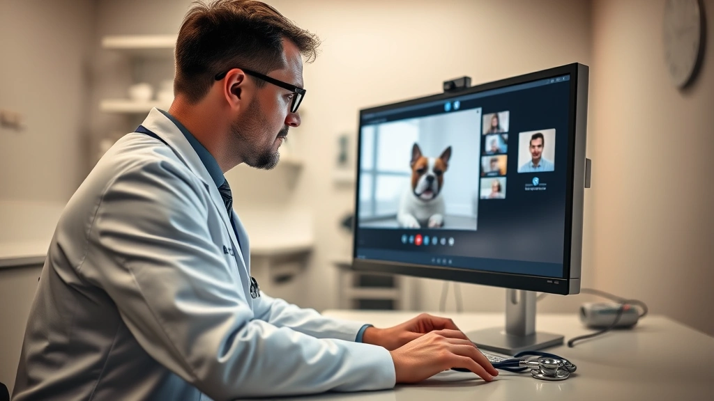 pet emergency telehealth -
A veterinarian in a clinic looking at a computer screen during a video consulta