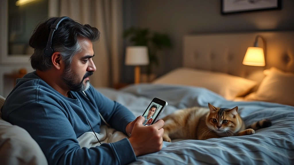 pet emergency telehealth -
A concerned cat owner video calling a vet from their bedroom at night, smartpho