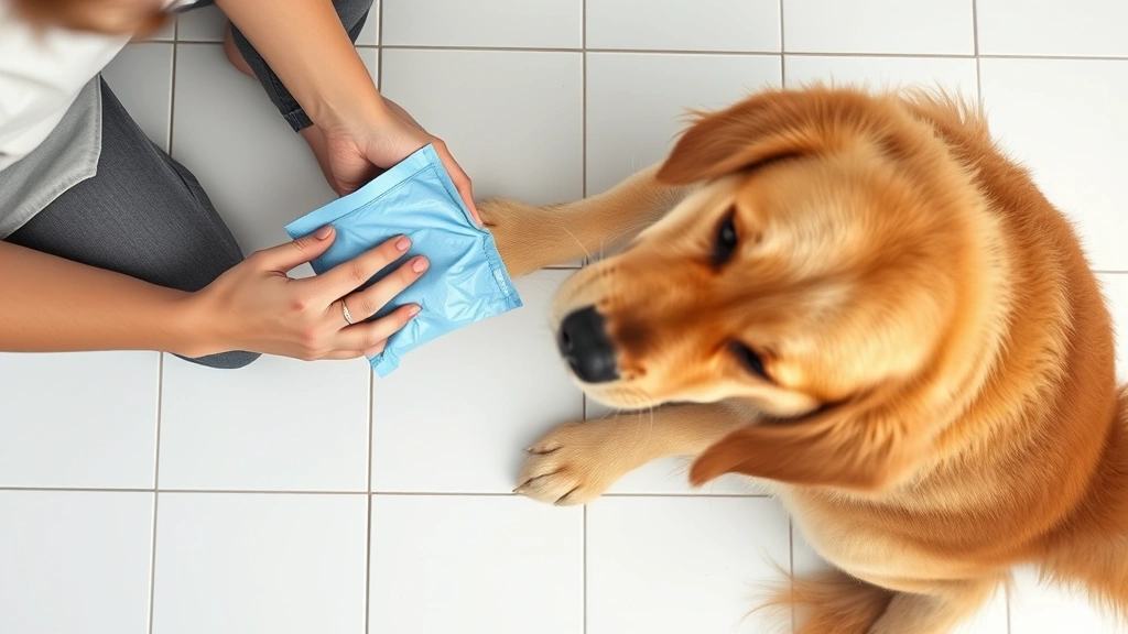 pet first aid guidance -
Photorealistic overhead view of a person applying a cool compress to a golden r