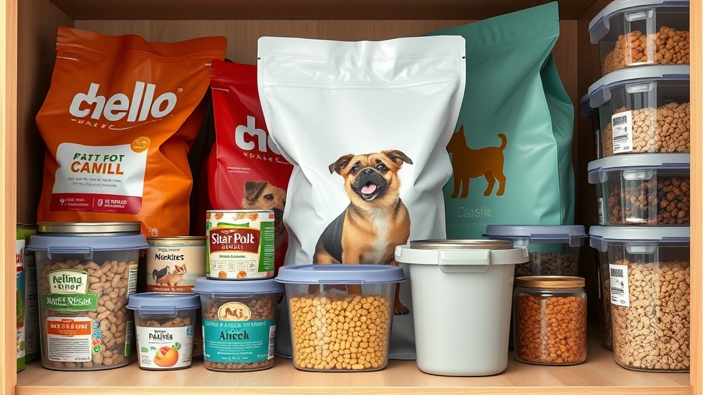 pet food safety -
Photorealistic image of various pet food bags and cans organized in airtight st