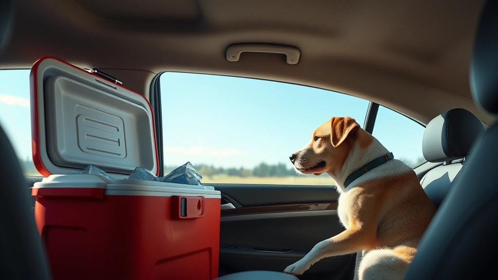 pet food safety during travel -
Photorealistic image of a car interior showing a small cooler with ice packs ne