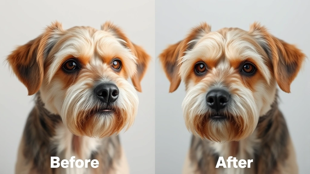 pet food supplement boosters -
Photorealistic side-by-side comparison of a senior dog before and after supplem