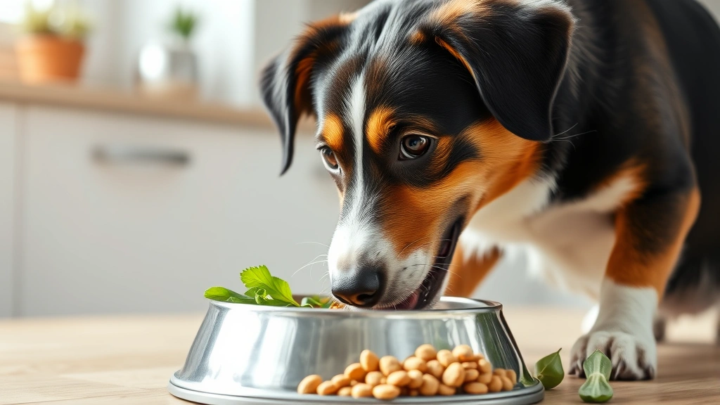 pet food transition schedule -
Photorealistic image of a happy healthy dog eating from a stainless steel bowl