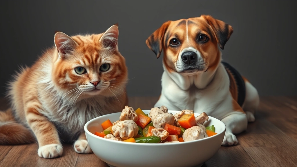 pet-friendly people food -
Photorealistic image of a cat and dog sitting together by a food bowl containin