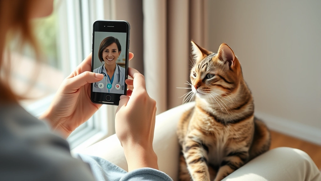 pet health consultation via video -
A pet owner holding a smartphone showing a video call with a veterinarian, thei
