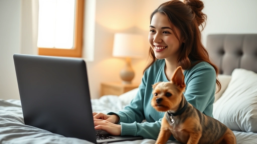 pet health consultation via video -
A young woman smiling at her laptop during a video consultation, her small terr