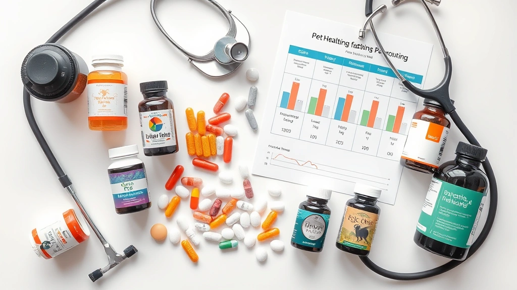 pet insulin support supplements -
Photorealistic image of various supplement bottles and capsules arranged on a w