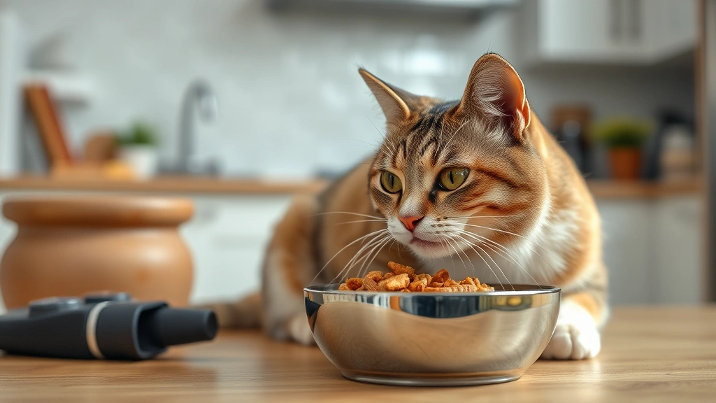 pet insulin support supplements -
Photorealistic image of a healthy, happy diabetic cat eating from a bowl of hig