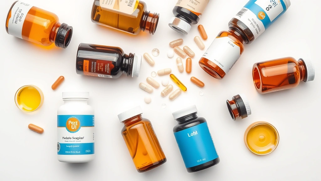 pet kidney detox supplements -
Photorealistic flat lay of various pet supplement bottles and capsules arranged