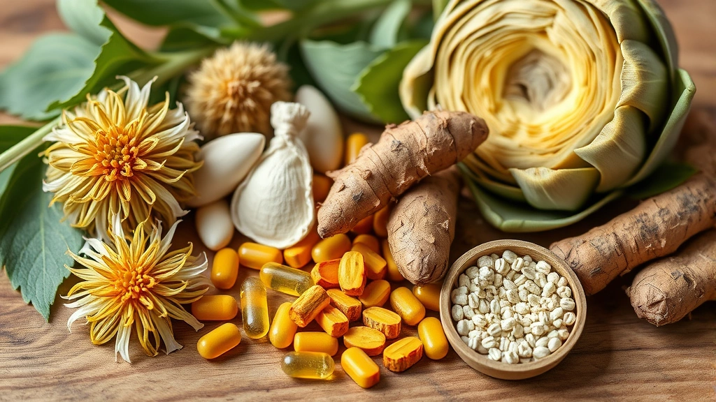 pet liver detox supplements -
Photorealistic close-up of various natural supplement ingredients including mil