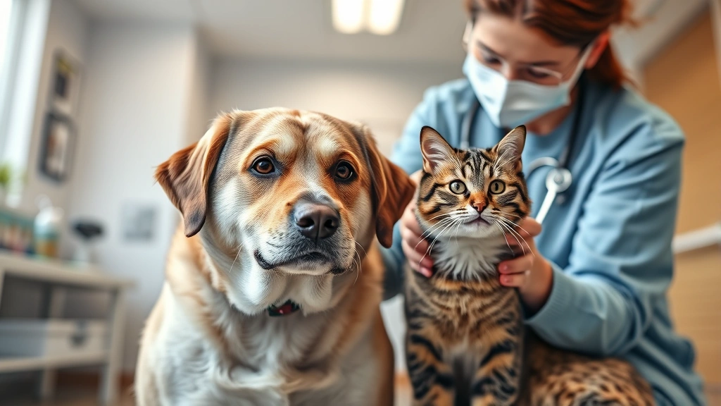pet liver detox supplements -
Photorealistic image of a senior dog and cat receiving care from a veterinarian