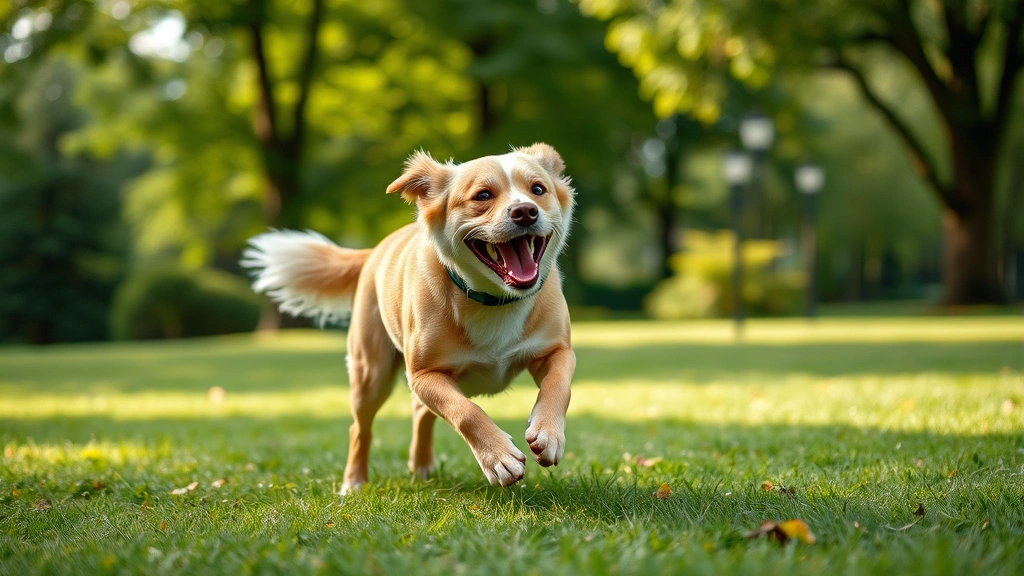 pet longevity supplements -
Photorealistic image of a senior dog joyfully running and playing in a green pa