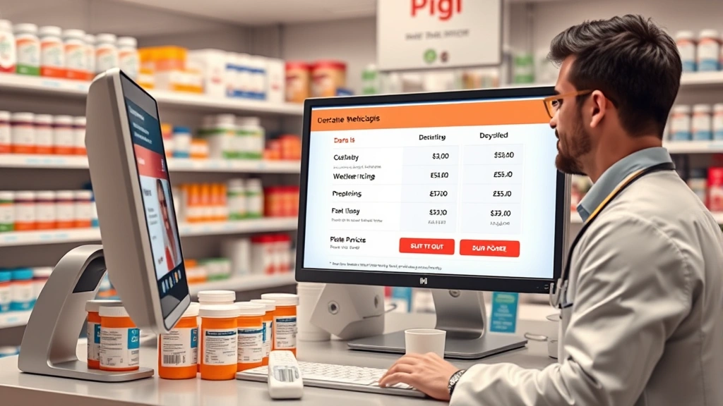 pet medication advice online -
Photorealistic image of a pharmacist at a pharmacy counter with prescription bo